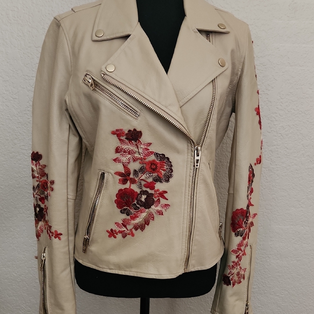 Blank NYC Beige Faux Leather Moto Jacket with Red Floral Embroidery